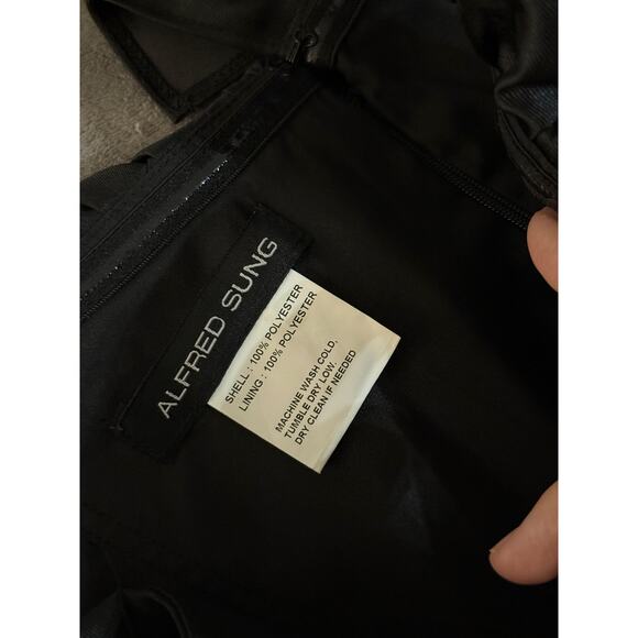 NWT Alfred Sung Black Gown SZ 14 R Women Off Shoulder Ruffle Neck Satin Trumpet - Picture 5 of 14